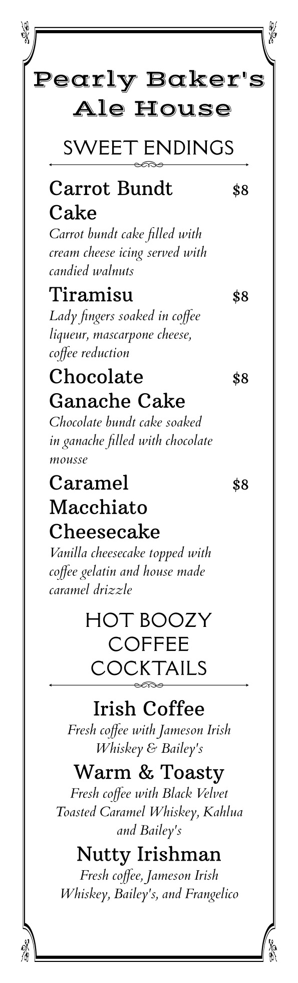 Dessert Menu Pearly Baker's Alehouse (610) 2539949