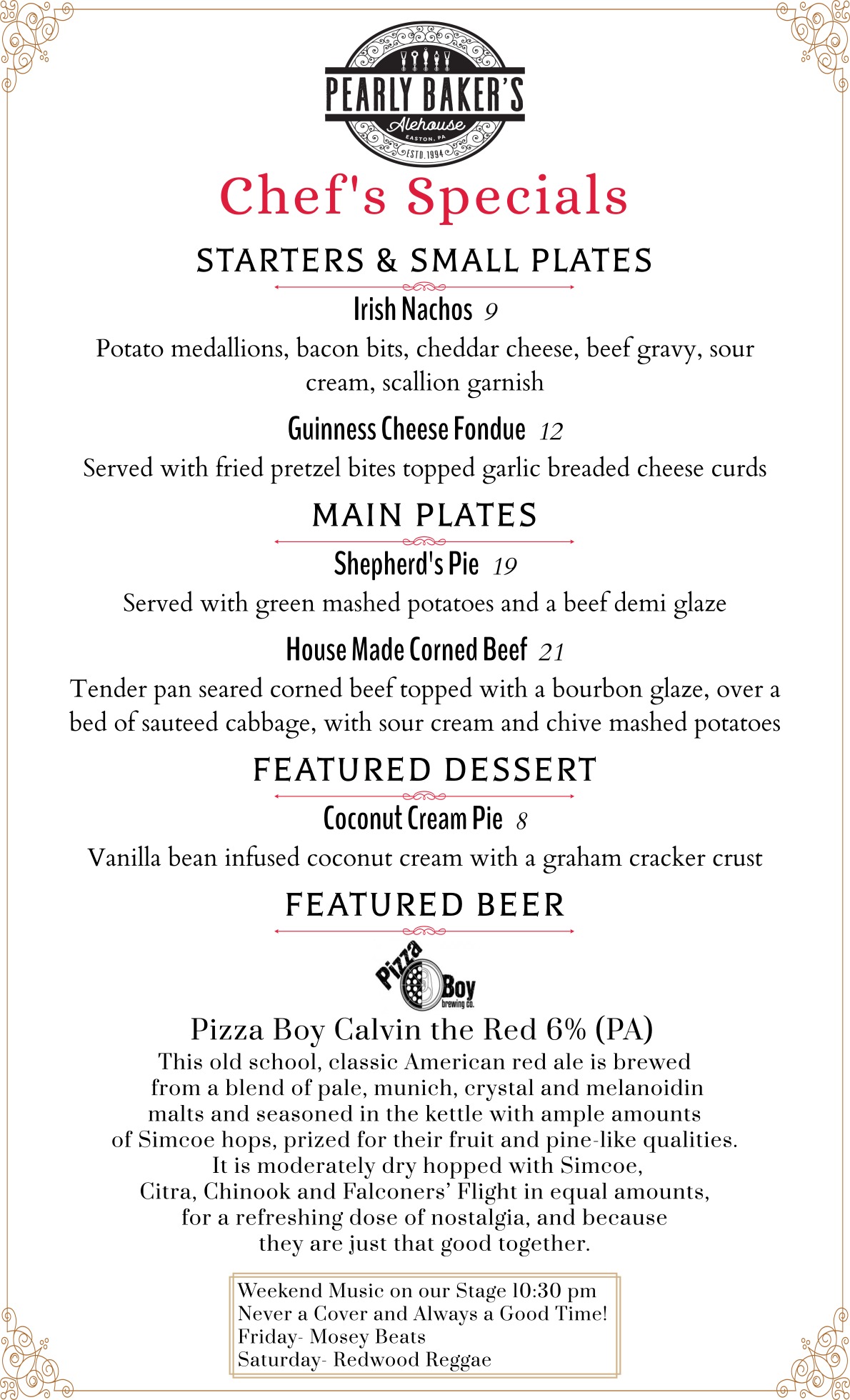 Chef's Specials Pearly Baker's Alehouse (610) 2539949
