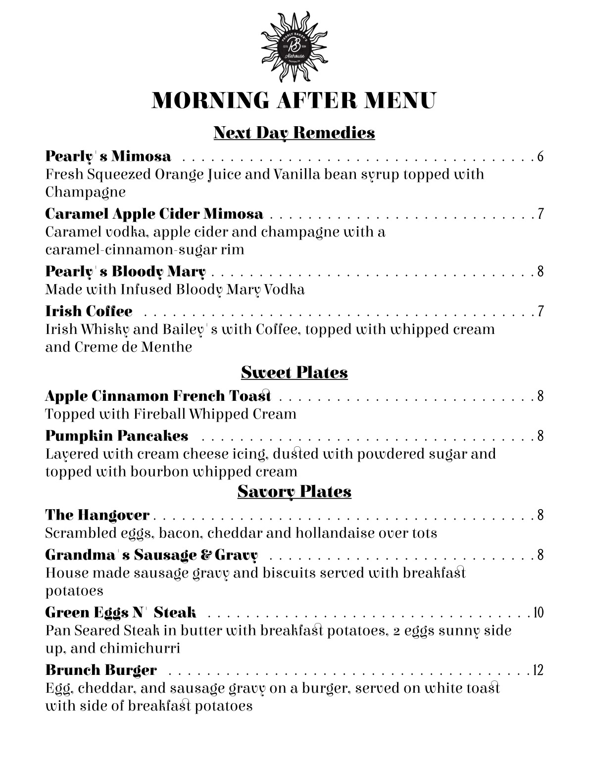 Brunch Menu Pearly Baker's Alehouse (610) 2539949